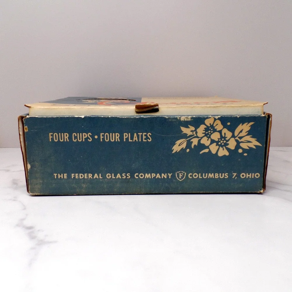 Vintage Federal Glass Snack Sets, Blossom (4 sets in original box) (1950s)